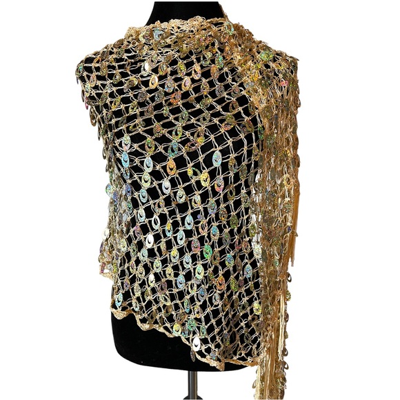Black & Gold Full Sequin Evening Shawl Scarf - Picture 6 of 14